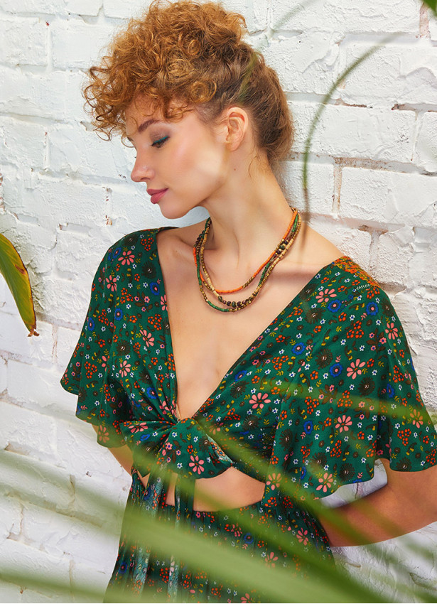 Cut Out Sırt Önden Bağlamalı Yeşil Çiçekli Elbise 5262
