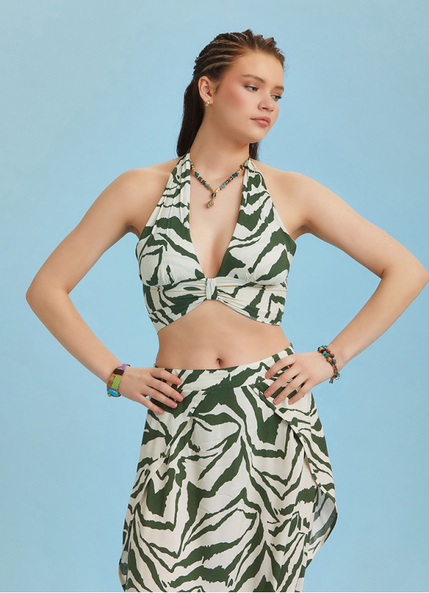Boyundan Bağlamalı Desenli Crop Bluz 6340