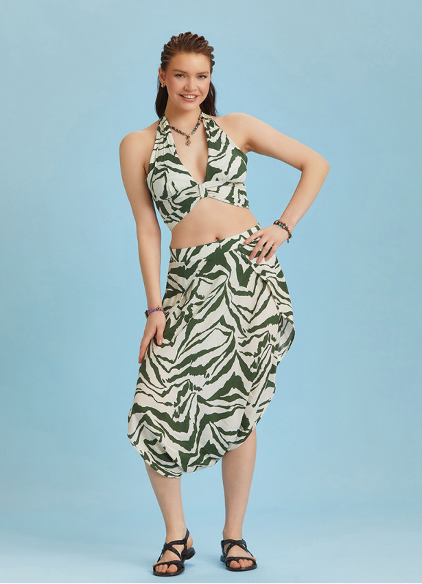 Boyundan Bağlamalı Desenli Crop Bluz 6340