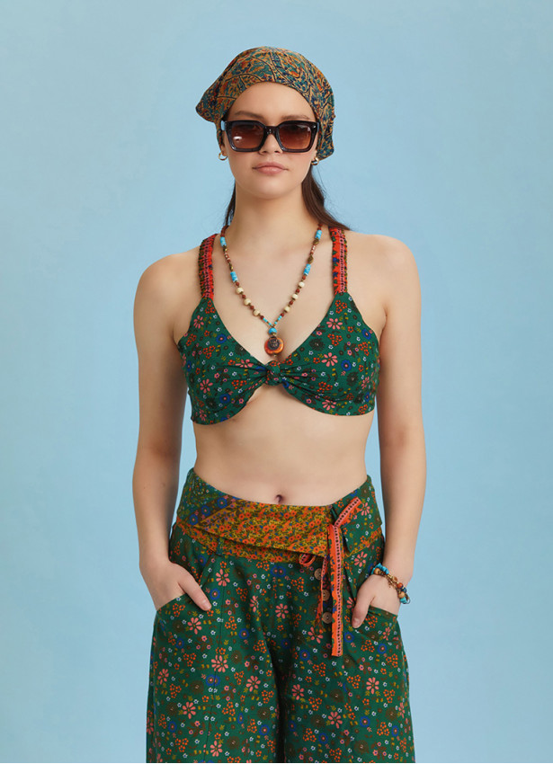 Bohem Stil Yeşil Çiçek Desen Bağlamalı Bralet Crop Bluz 6311