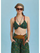 Bohem Stil Yeşil Çiçek Desen Bağlamalı Bralet Crop Bluz 6311