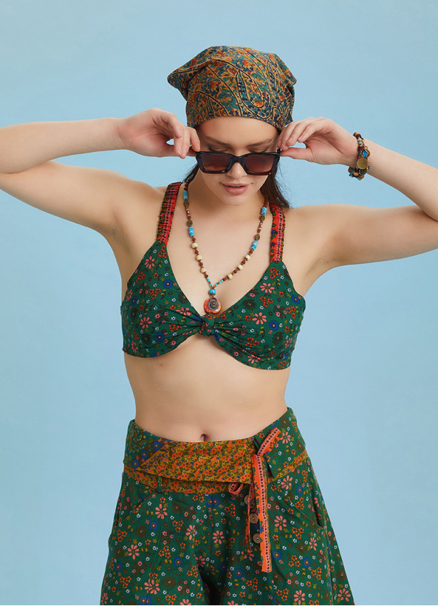 Bohem Stil Yeşil Çiçek Desen Bağlamalı Bralet Crop Bluz 6311