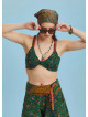 Bohem Stil Yeşil Çiçek Desen Bağlamalı Bralet Crop Bluz 6311