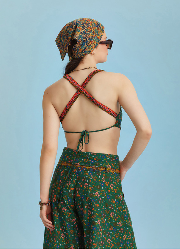 Bohem Stil Yeşil Çiçek Desen Bağlamalı Bralet Crop Bluz 6311