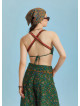 Bohem Stil Yeşil Çiçek Desen Bağlamalı Bralet Crop Bluz 6311