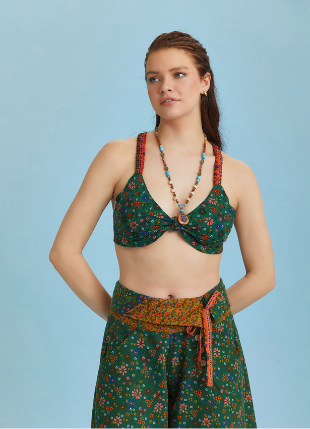 Bohem Stil Yeşil Çiçek Desen Bağlamalı Bralet Crop Bluz 6311