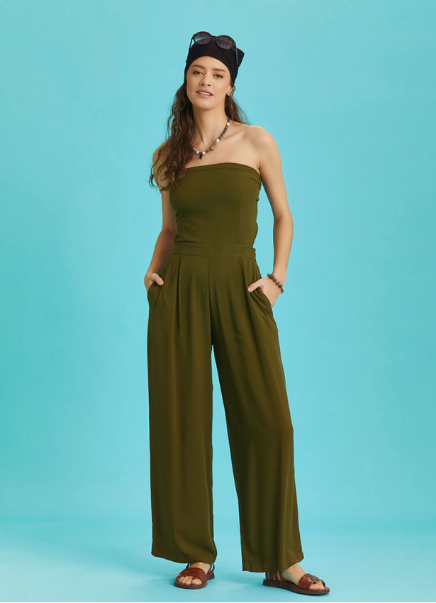 Haki Geniş Paça Straplez Tulum 6323