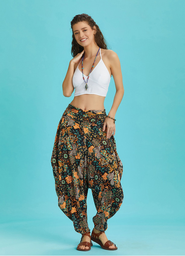 Drape Bel Dökümlü Çiçek Desenli Kadın Şalvar Pantolon 6351