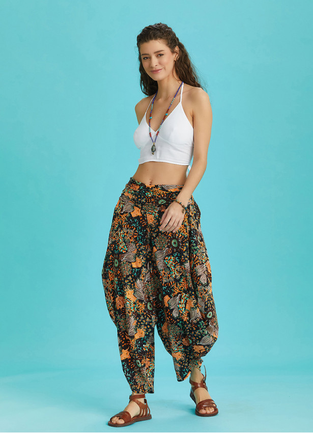 Drape Bel Dökümlü Çiçek Desenli Kadın Şalvar Pantolon 6351