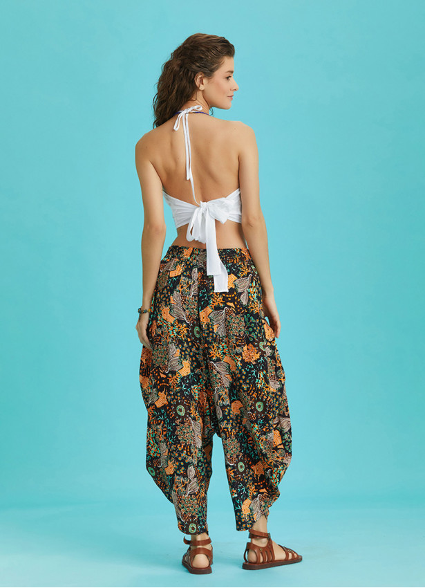 Drape Bel Dökümlü Çiçek Desenli Kadın Şalvar Pantolon 6351